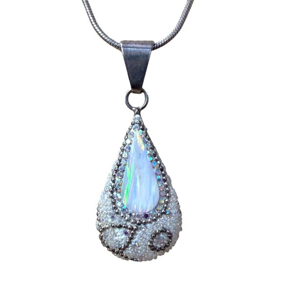 Sterling Silver Necklace With Teardrop Iridescent Pendant & Intricate Beaded - Picture 1 of 9